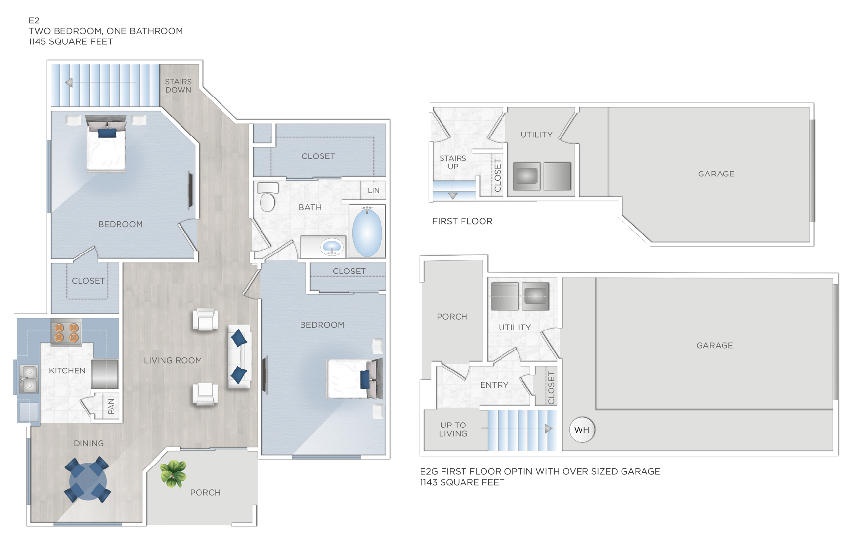 Floor plan for 2 beds, 2 baths, 1145 sqft